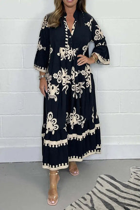 Vestido Longo Estampado de Manga Três Quartos