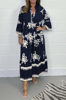 Vestido Longo Estampado de Manga Três Quartos